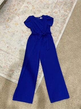Calvin Klein Cobalt Blue Short-Sleeve Wide-Leg Jumpsuit with Tie Waist
